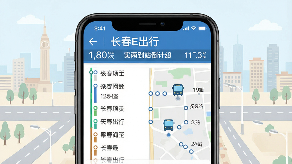 一张展示长春E出行实时公交查询界面的图片,画面为手机屏幕特写,屏幕上显示公交线路列表与车辆到站倒计时,地图上标注着公交车图标与站点圆点,背景是长春城市道路的淡色插画,主体为手机界面,布局居中,风格扁平化信息图,细节清晰,画质干净,无多余元素