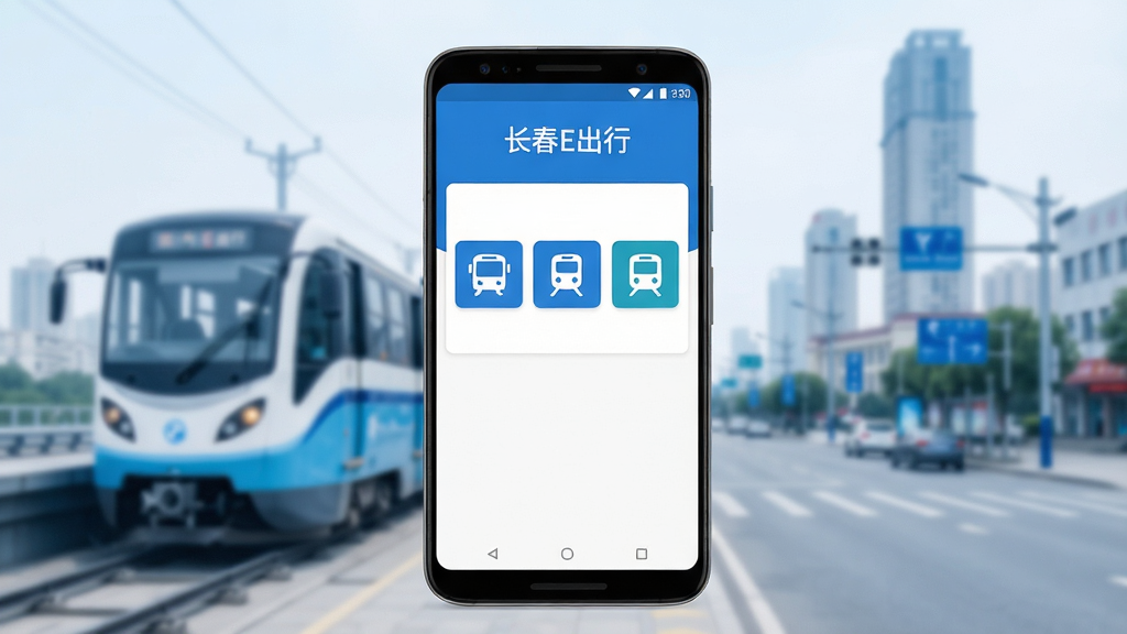 一张展示长春E出行软件主界面的手机应用展示图,画面中央是一部竖屏安卓手机,屏幕上显示蓝白色调的公共交通乘车码页面,顶部有“长春E出行”字样,下方排列公交、地铁、有轨电车图标按钮,背景为长春城市轻轨与街景的虚化剪影,整体风格简洁清爽,排版居中对称,细节清晰,画质干净,无多余元素