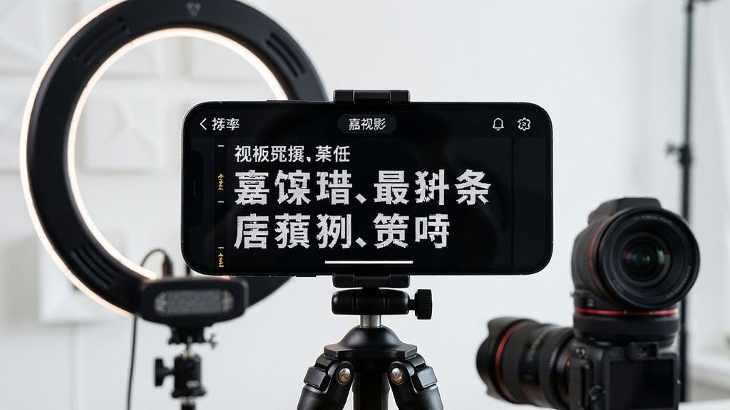 画面中央是一部智能手机横向放置在三脚架上,手机屏幕显示嘉视影提词器应用界面,界面中滚动着大号白色文字脚本,手机后方是环形补光灯和相机镜头,背景为简洁的室内拍摄环境,整体布局清晰,风格现代科技感,细节包括手机支架、补光灯、镜头轮廓,画质高清,干净,无多余元素