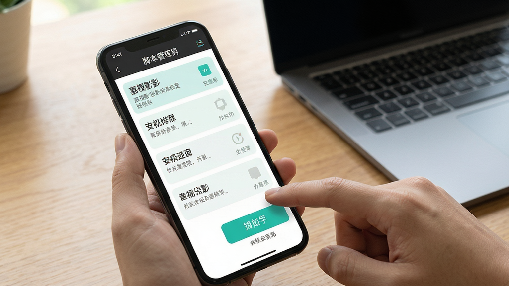 手机屏幕展示嘉视影提词器的脚本列表页面,列表中排列着多个脚本条目,每个条目带有标题和预览文字,界面配色清新,旁边有一只手正在点击屏幕上的导入按钮,背景为木质桌面和笔记本电脑,整体风格生活化办公场景,细节展示脚本管理界面的布局和图标,画质高清,干净,无多余元素