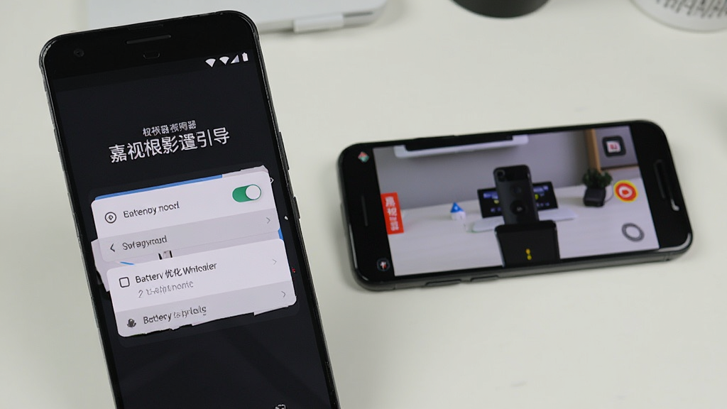 一部安卓手机屏幕显示嘉视影提词器的权限设置引导页面,页面上有悬浮窗权限开关和电池优化白名单选项,手机旁边放着另一部手机正在录制视频,背景为简洁的书桌环境,整体风格教程示意感,细节展示权限开关和设置步骤,画质清晰,干净,无多余元素