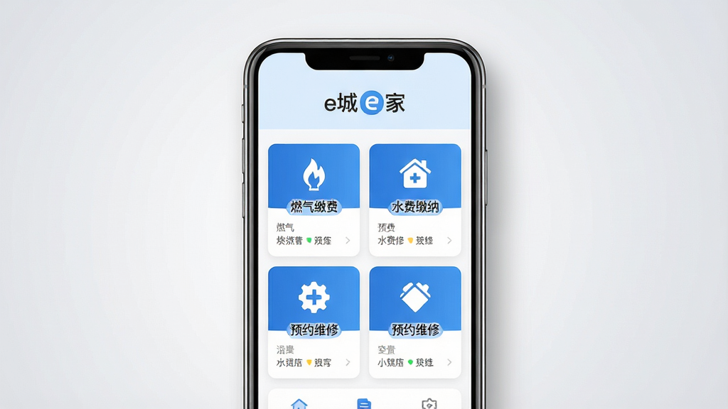 主体为一部智能手机居中竖放,屏幕内展示e城e家应用首页界面,包含燃气缴费、水费缴纳、预约维修三个功能卡片;布局采用左右留白居中构图,上方留出浅色标题区域;排版简洁清晰,功能模块按网格排列;风格为现代扁平化UI展示风格,配色以蓝白为主;细节上手机边框带轻微阴影,背景为浅灰渐变,屏幕内文字清晰可辨;画质高清,画面干净,无多余元素