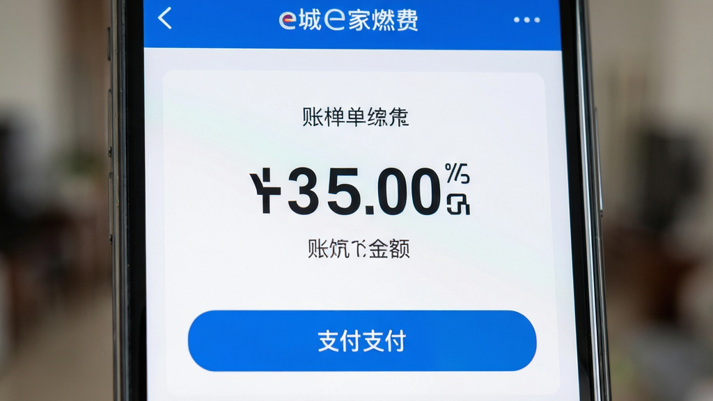 主体为手机屏幕特写,屏幕中显示e城e家燃气缴费页面,账单金额醒目展示,下方有支付按钮;布局为居中特写构图,屏幕占据画面主体;排版上金额数字放大突出;风格为写实UI截图风格,配色以蓝色和白色为主;细节上屏幕边缘有轻微反光,背景虚化处理;画质清晰,画面干净,无多余元素