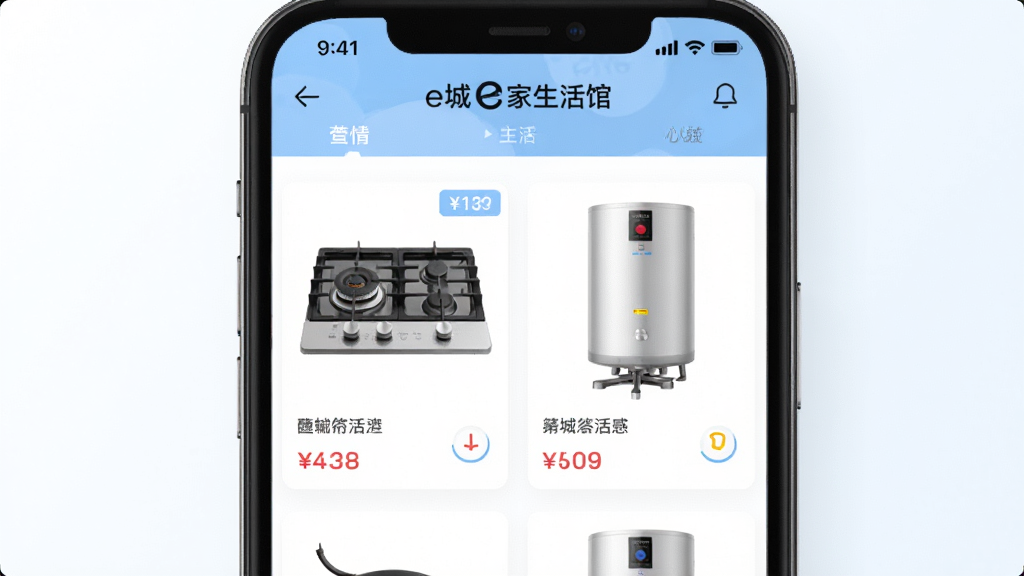 主体为手机屏幕展示e城e家生活馆商城页面,商品列表以卡片形式排列,包含燃气灶和热水器图片;布局为居中构图,屏幕占画面主要位置;排版上商品卡片两列分布;风格为清新电商UI风格,配色以白色和浅蓝为主;细节上商品图片清晰,价格标签醒目;画质高清,画面干净,无多余元素