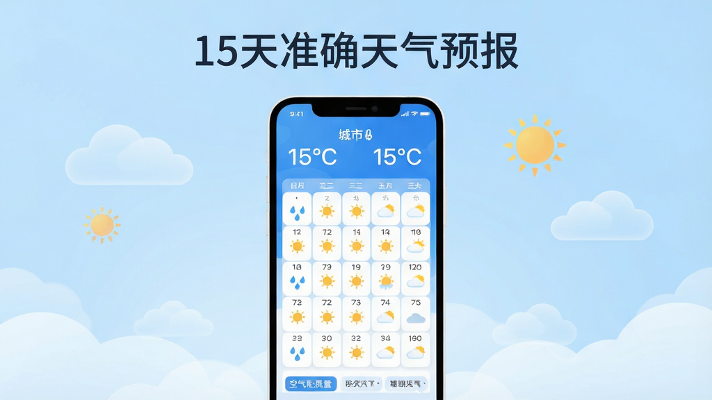 主体为一部竖屏智能手机,屏幕中央显示十五天天气预报日历列表,顶部有城市名称与温度数字;布局为手机居中放置在浅蓝色渐变背景上,周围漂浮半透明云朵与太阳图标;排版为上下结构,上方留白放置标题文字“15天准确天气预报”;风格为清爽扁平化插画风,色彩以蓝白为主;细节包括日历格子内的小雨滴、太阳、云朵图标,底部有空气质量小标签;画质清晰干净,无多余元素
