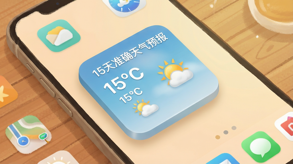 主体为手机桌面界面,桌面中央放置一个方形天气小组件,组件内显示“15天准确天气预报”字样与温度数字、天气图标;布局为手机平放在木纹桌面;排版为桌面图标与小组件混排;风格为温暖生活化场景插画;细节包括小组件圆角、背景为淡蓝渐变、周围有应用图标;画质清晰干净,无多余元素