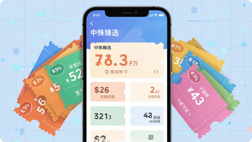 画面主体为“中殊臻选”应用内的优惠聚合面板,多个彩色优惠券卡片以扇形展开排列在手机屏幕前方,卡片上印有折扣标签与价格数字,背景为淡蓝色科技感网格,布局左中右三栏均衡分布,风格为扁平化信息图插画,细节精致,画质干净,无杂乱元素