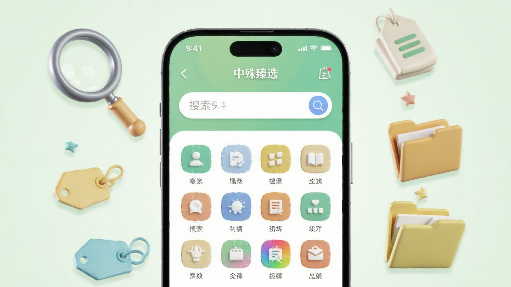 画面展示“中殊臻选”应用的搜索与分类界面,手机屏幕中央为搜索框与分类图标矩阵,周围漂浮放大镜、标签、文件夹等立体小元素,背景为柔和浅绿色,布局采用中心放射式构图,风格清新简约的3D渲染插画,细节丰富,画质干净通透,无多余背景杂物