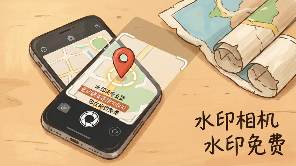 主体是一部手机放在桌面上,屏幕显示地图定位界面与拍照取景框叠加效果,画面中有一个定位图钉标记;布局为手机斜放构图,旁边搭配纸质地图卷轴元素;排版上软件名称“水印相机水印免费”以手写体样式放在画面右下角;风格为温暖手绘插画风;细节包括定位光圈、地址文字条、相机快门图标;画质高清,干净,无多余元素