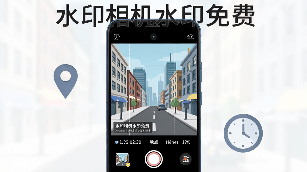 主体是一部竖屏安卓手机,屏幕中显示水印相机拍照界面,取景框内是城市街景,画面左下角叠加显示时间日期与地点水印信息,手机周围摆放简约的定位图标与时钟图标;布局为居中构图,手机占画面主体,背景干净浅色;排版上软件名称“水印相机水印免费”以横排文字放在画面上方;风格为清爽扁平化科技插画风;细节包括水印文字框、快门按钮、模板缩略图;画质高清,干净,无多余元素