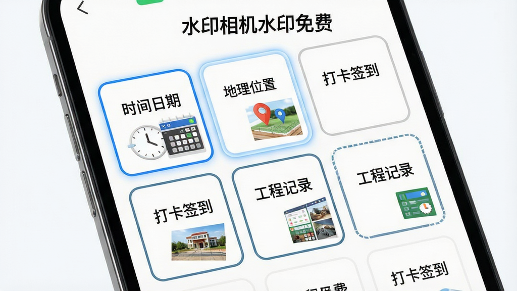 主体是手机屏幕特写,屏幕上排列着多个水印模板缩略图卡片,卡片上分别标注“时间日期”“地理位置”“打卡签到”“工程记录”等文字;布局为网格状排列,卡片大小一致;排版上软件名称“水印相机水印免费”放在画面顶部居中;风格为明亮清新的UI界面展示风;细节包括卡片圆角、选中高亮边框、模板预览小图;画质清晰,干净,无多余元素
