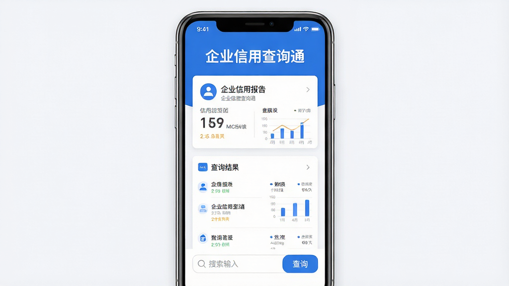 主体为企业信用查询通手机应用界面展示,布局为居中构图,上方为软件名称“企业信用查询通”标题文字,中间展示企业信用报告卡片与查询结果列表,下方为搜索输入框与查询按钮,排版整齐有序,风格为现代商务扁平化设计,细节包括蓝白配色、简洁图标、数据图表元素,画质高清,画面干净,无多余元素