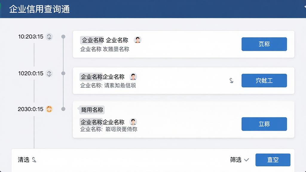 主体为企业信用查询通查询记录管理页面,布局为纵向时间轴式排版,上方为“企业信用查询通”页面标题,中间为按日期排列的查询记录条目,下方为清空与筛选操作栏,风格为简洁效率型界面,细节包括时间标签、企业名称缩略、灰色分隔线、蓝色操作按钮,画质高清,画面干净,无多余元素