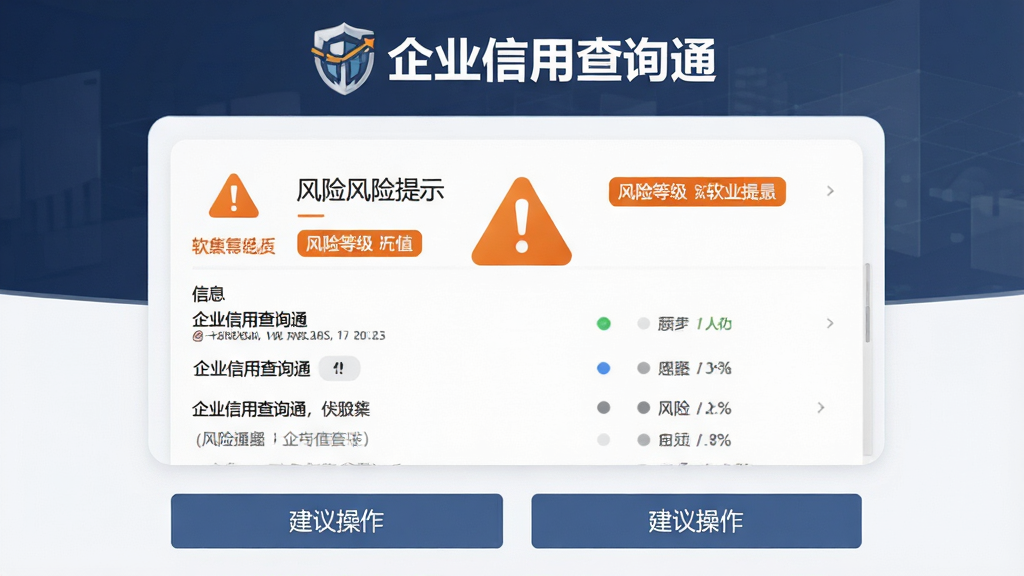 主体为企业信用查询通风险提示界面,布局为上下结构,上方为“企业信用查询通”软件标识,中间为风险提示卡片与警示图标,下方为建议操作按钮,风格为专业商务警示风,细节包括橙色警示标识、风险等级标签、信息条目列表,画质清晰,画面干净,无多余元素