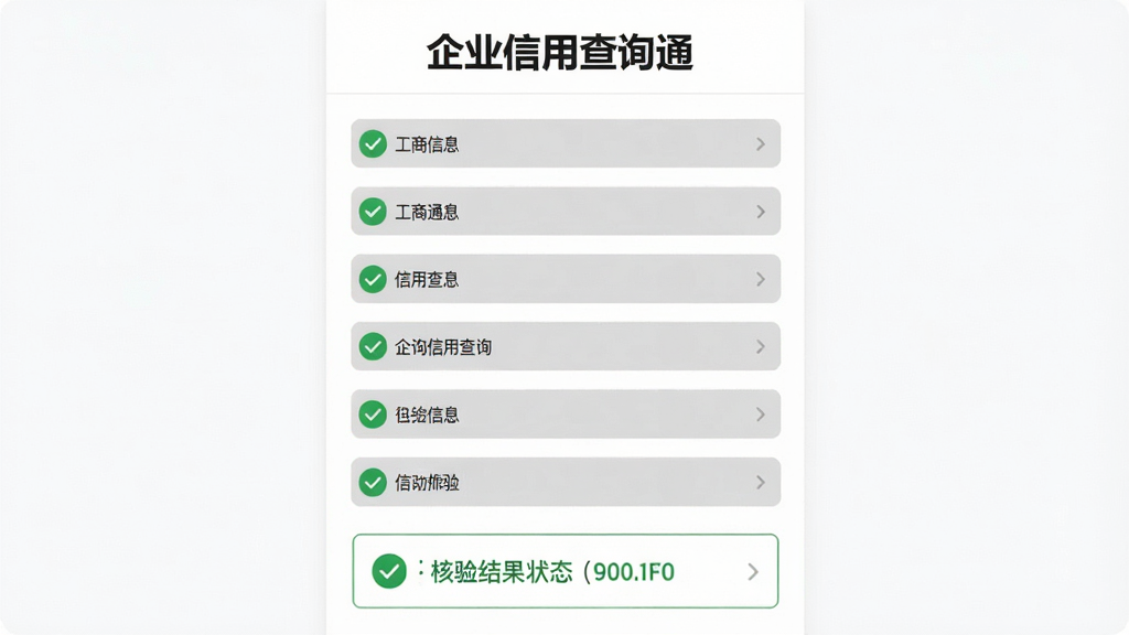 主体为企业信用查询通工商信息核验页面,布局为纵向列表式排版,上方为“企业信用查询通”功能标题,中间为工商信息字段逐行展示,下方为核验结果状态标识,风格为简约工具类界面设计,细节包括绿色核验通过图标、灰色信息条目、白色背景,画质高清,画面干净,无多余元素