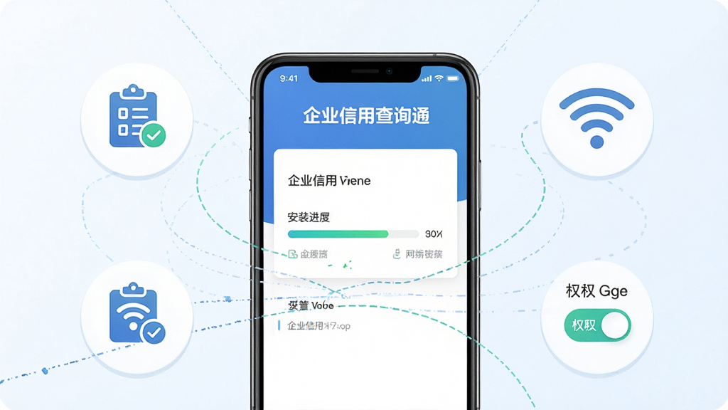 主体为企业信用查询通手机端安装与使用场景展示,布局为居中构图,画面中一部智能手机屏幕显示软件查询界面,周围环绕安装步骤图标与网络连接标识,风格为科技商务插画风,细节包括“企业信用查询通”文字标识、安装进度条、WiFi信号图标、权限开关示意,画质高清,画面干净,无多余元素