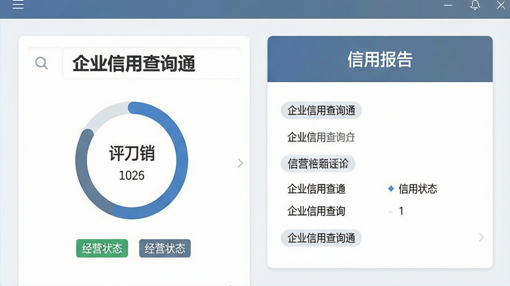 主体为企业信用查询通软件界面特写,布局为左侧企业搜索框、右侧信用报告卡片展示,排版采用左右分栏结构,风格为清爽商务风,细节包括企业名称文字“企业信用查询通”、信用评分环形图、经营状态标签、蓝灰色调,画质清晰,画面干净,无多余元素