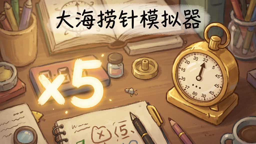 画面为俯视视角的桌面场景,桌面上摆满各种文具与小物件,一个金色计时器立在右侧,左侧有连击数字“x5”的发光特效,整体采用暖色调手绘风格,细节丰富但层次分明,画面顶部以手写体标注“大海捞针模拟器”,画质清晰干净,无多余杂物