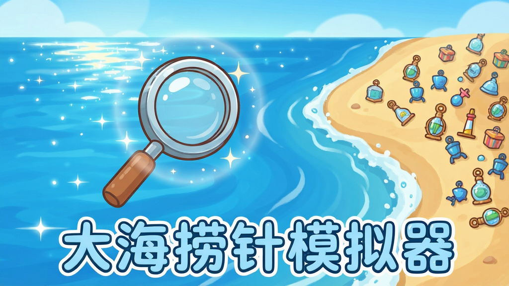 画面中央是浩瀚的蓝色海洋场景,海面波光粼粼,沙滩上散落着大量相似的小物件,一个醒目的放大镜悬停在画面中心偏左位置,周围有微光聚焦效果,整体采用卡通清新插画风格,色彩明快饱和,细节丰富不杂乱,画质清晰干净,画面中下方以圆润字体标注“大海捞针模拟器”,无多余装饰元素