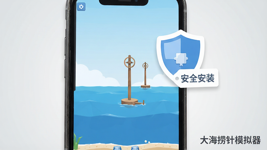 画面为一部智能手机特写,屏幕上显示大海捞针模拟器的游戏界面,旁边漂浮着盾牌图标与“安全安装”字样标签,背景为浅灰色渐变,整体采用简洁的扁平化设计风格,色彩以蓝白为主,画质清晰干净,画面右下角以深灰色小字标注“大海捞针模拟器”,无多余装饰