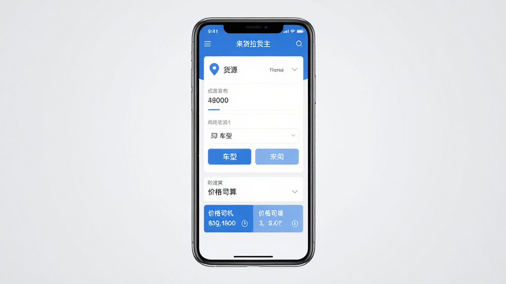 来货拉货主App首页界面展示,手机屏幕中呈现货源发布表单与附近司机列表,整体为蓝白配色,界面干净整洁,背景为浅灰色渐变,画面中央放置一部现代智能手机,屏幕内容清晰可见,风格为扁平化UI展示,细节包括地图定位图标、车型选择按钮与价格估算卡片,画质高清,无多余元素