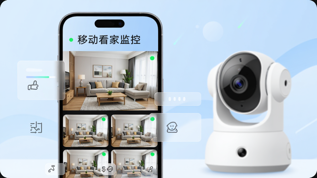画面主体是一部智能手机竖屏展示监控画面,屏幕中显示客厅实时视频与多路摄像头缩略图,手机旁边摆放一台白色家用云台摄像头,布局为手机居中偏左、摄像头在右后方形成层次,排版采用上下分区结构上方为标题区域下方为功能图标排列,风格为清爽科技感扁平插画,细节包括淡蓝色渐变背景、半透明数据面板、绿色在线状态圆点、简约线条图标,画质高清干净无多余元素,图片中打文字“移动看家监控”