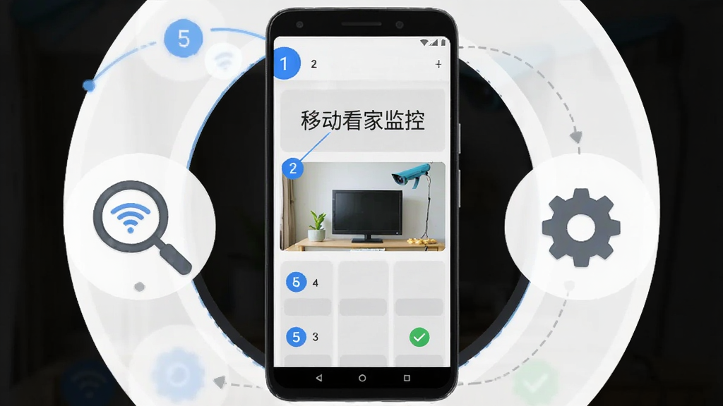 画面主体是一部安卓手机屏幕显示移动看家监控的设备添加引导页,旁边配有一个放大镜图标与齿轮设置图标,布局为手机居中、图标环绕两侧,排版采用圆形信息图结构,风格为简洁扁平化说明图,细节包括蓝色步骤序号、WiFi信号符号、勾选标记、浅灰背景分区,画质高清干净无多余元素,图片中打文字“移动看家监控”