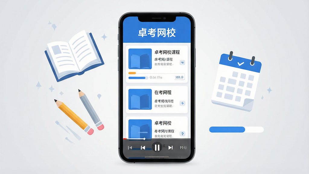 手机应用界面展示,画面中央一部竖屏智能手机,屏幕上呈现在线网校课程列表与播放页面,界面主色为蓝色与白色,顶部有