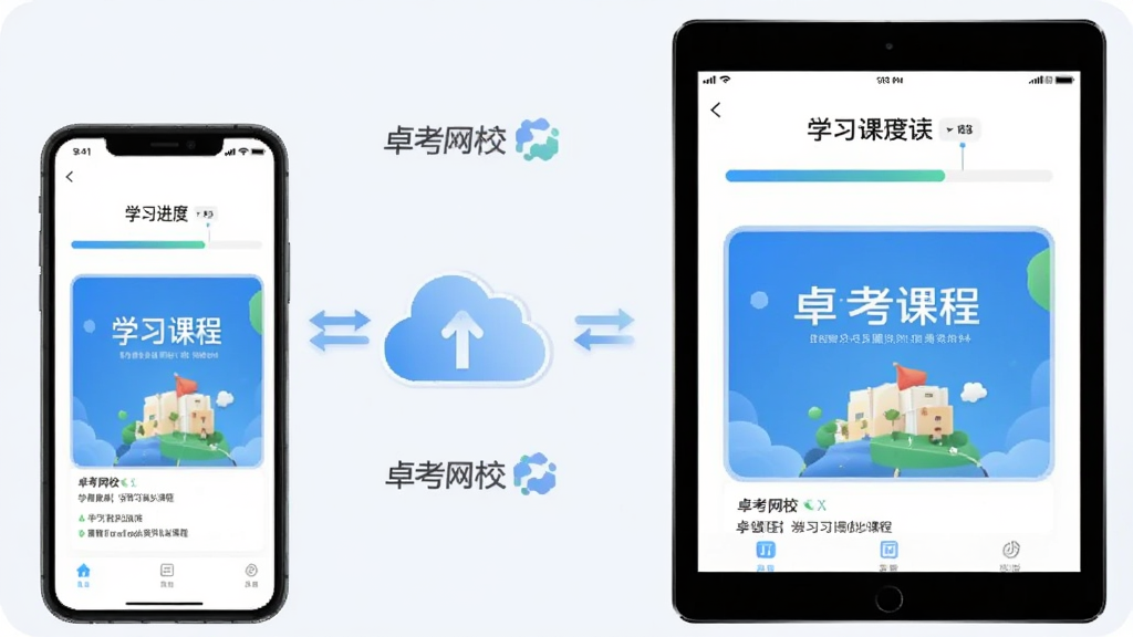 云端同步示意界面,画面中央一部手机与一台平板电脑并排展示,两台设备屏幕上都显示相同的学习进度条与课程封面,中间用云朵图标与双向箭头连接,界面中出现
