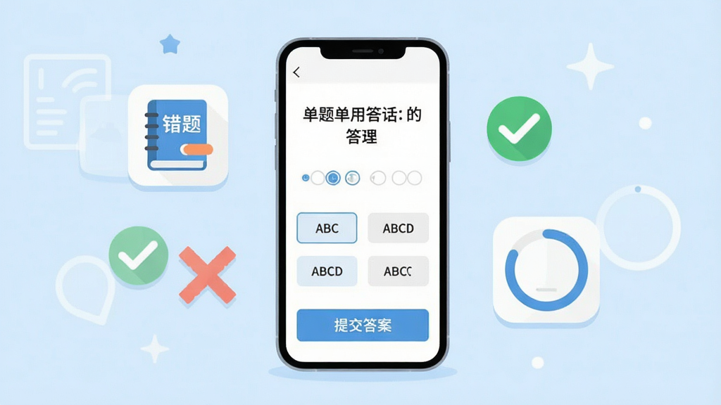 题库练习界面,画面中央一部手机显示单选题答题页面,题目文字清晰,下方有ABCD四个选项按钮,底部有