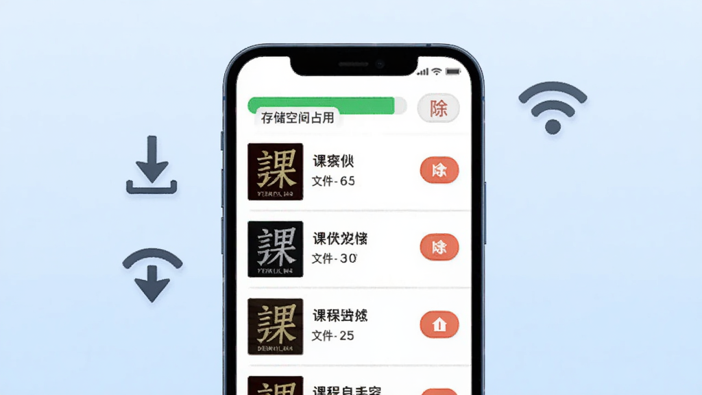离线缓存管理界面,画面中央一部手机显示已下载课程列表,每行有课程封面、课程名称与文件大小,右侧有删除按钮,顶部显示存储空间占用条,手机旁边漂浮着下载箭头图标与WiFi符号,背景为淡蓝色渐变,风格简洁实用,画质清晰,排版整齐,无多余元素