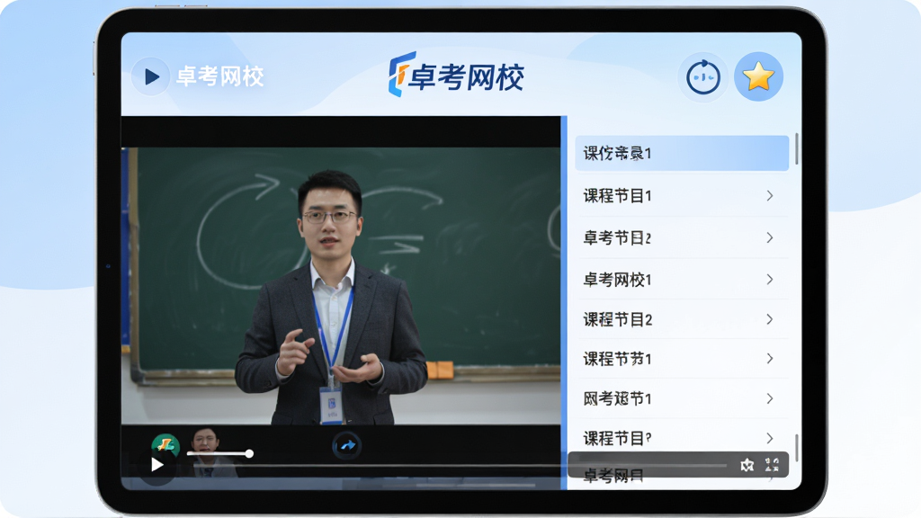 在线课程播放界面,画面主体为平板电脑横屏显示网课视频,屏幕左侧是讲师授课画面,右侧是课程章节目录列表,界面上方有