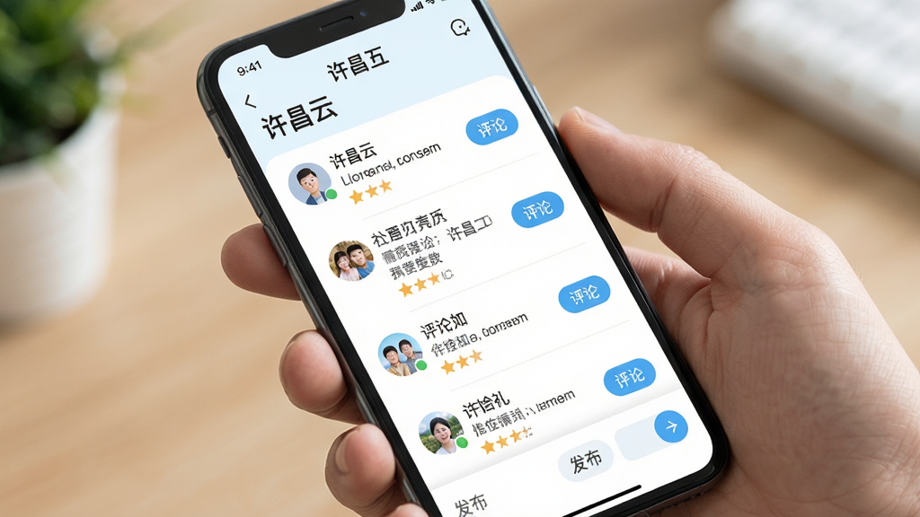 手机屏幕呈现“许昌云”社区互动页面,帖子列表带有头像与评论按钮,底部有发布入口,界面以浅色为主,布局疏朗,风格亲和,细节丰富,画质干净,无多余元素