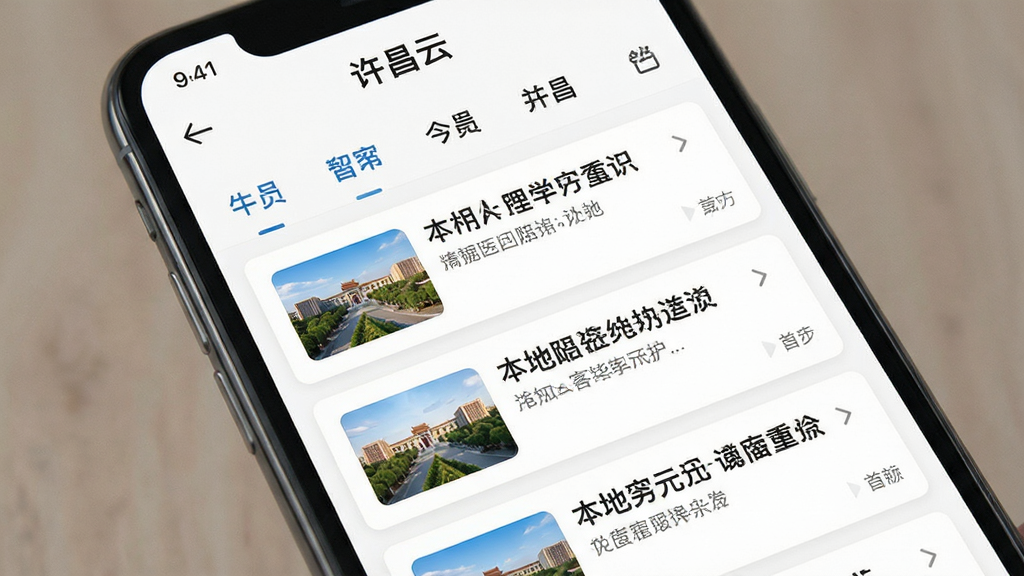手机界面展示“许昌云”资讯列表页,多条本地新闻卡片纵向排列,配有小缩略图与标题文字,顶部有分类标签栏,整体布局清晰,风格清爽,画质干净,无多余元素