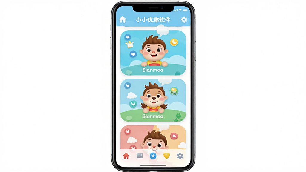 小小优趣软件主界面全貌,手机竖屏展示儿童动画卡片布局,色彩明亮柔和,卡通风格,画面干净整洁,高清画质,无多余元素
