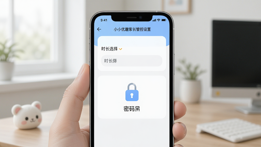 小小优趣家长管控设置界面,时长选择与密码锁图标,简约清爽风格,手机屏幕展示,高清画质,干净整洁