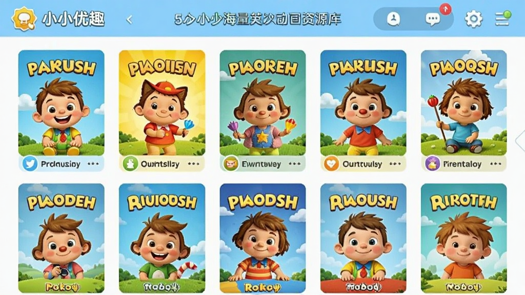 小小优趣海量英文动画资源库界面,多部卡通动画封面整齐排列,儿童友好风格,明亮活泼,高清画质,干净无多余元素