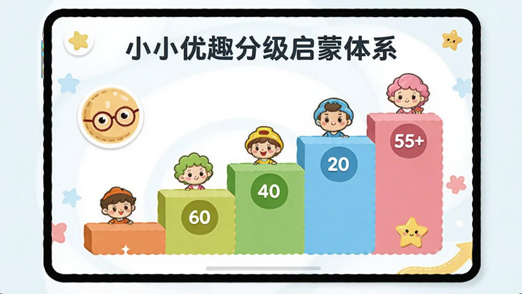 小小优趣分级启蒙体系展示页,阶梯式进度条与卡通图标结合,界面清新,儿童教育风格,高清画质,布局简洁