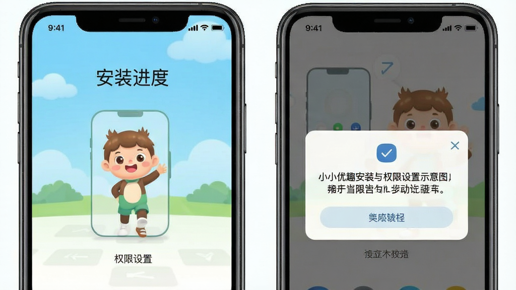 小小优趣安装与权限设置示意图,手机屏幕展示安装进度与权限弹窗,简洁教程风格,高清画质,干净无多余元素