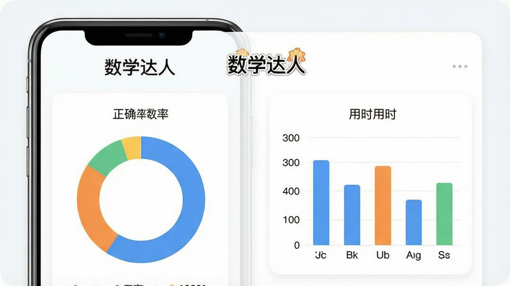 一张专项训练统计页面的示意图,手机屏幕显示正确率环形图与用时柱状图,页面顶部有“数学达人”字样,背景为白色卡片式布局,风格清爽,细节清楚,画质干净
