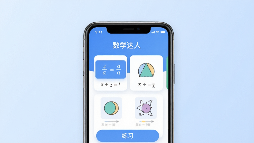 一张横向布局的软件首页展示图,画面中央是手机屏幕,屏幕上显示“数学达人”应用主界面,包含公式卡片、几何图形和练习入口,背景为浅蓝色渐变,风格简洁现代,细节清晰,画质干净,无多余元素