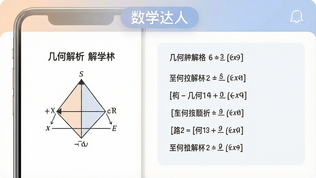 一张分步解题界面的示意图,画面中手机屏幕显示一道几何题的逐步解析,左侧为题目图形,右侧为步骤文字,顶部标注“数学达人”名称,风格为教育类应用界面,配色柔和,布局清晰,画质干净