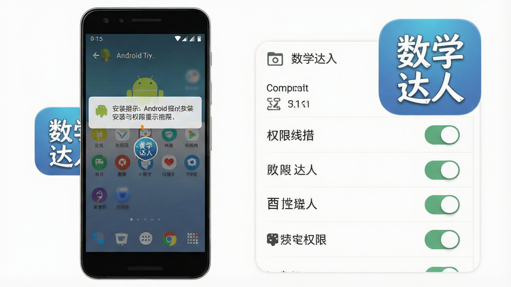 一张手机安装与权限设置界面的示意图,屏幕显示安卓安装提示与权限开关列表,旁边有“数学达人”图标,风格为操作指引类图示,布局清晰,画质干净,无多余元素
