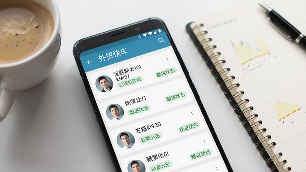 一部安卓手机屏幕特写,显示外贸快车客户管理列表界面,每个客户卡片带有头像、公司名称和跟进状态标签,手机旁边放着一杯咖啡和一本笔记本,桌面整洁,光线柔和,商务办公风格,画质清晰,画面干净