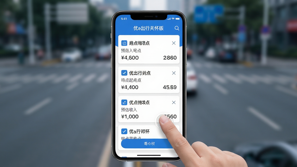 ��������Ϊ�ֻ���Ļ��д����Ļ����ʾ���������Ƭ���б���ʽ���У�ÿ�ſ�Ƭ��ע����յ���Ԥ�����룻����Ϊ�ֻ����С������黯�ĳ��е�·���Ű��Ͽ�Ƭ��Ϣ��η��������Ϊ��ƽ��UIչʾ�磬��ɫ������Ϊ����ϸ�ڰ�����ָ�ᴥ��Ļ�ӵ��Ķ�������Ļ�Ϸ���ʾ����e���йػ��桱Ӧ�����ƣ����ʸ��壬����ɾ�����