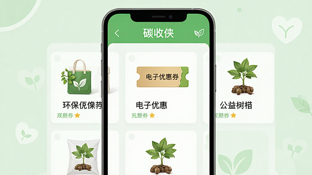一张绿色权益兑换页面示意图,画面展示手机界面中的兑换商城列表,包含环保袋、电子优惠券与公益树苗等商品卡片,界面标注“碳收侠”字样,背景为浅绿色与白色搭配的简约风格,布局整齐,细节清楚,画质干净,无多余元素
