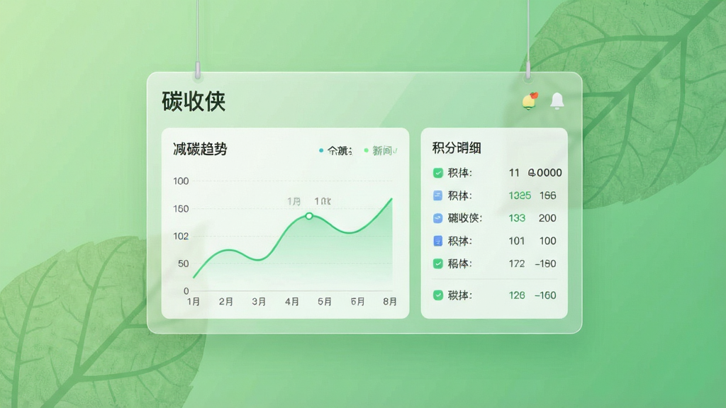 一张碳账户数据看板示意图,画面主体为悬浮的透明数据面板,面板上显示“碳收侠”个人碳账户余额、减碳趋势折线图与积分明细列表,背景为柔和的绿色渐变与抽象树叶纹理,风格现代简洁,排版清晰有序,细节精致,画质干净,无多余元素