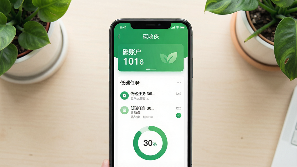 一张手机应用界面展示图,画面中央是一部竖屏智能手机,屏幕上显示“碳收侠”应用首页,包含碳账户余额卡片、低碳任务列表和绿色能量环形图,手机背景为浅色桌面与绿植元素,整体采用清爽扁平化设计风格,配色以绿色和白色为主,细节清晰,画质干净,无多余元素