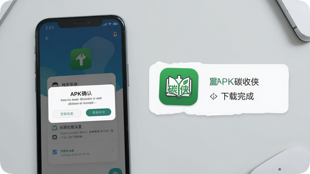 一张手机安装应用步骤示意图,画面展示手机屏幕上的APK安装确认弹窗与权限设置界面,旁边配有“碳收侠”应用图标和下载完成提示,背景为浅灰色桌面,风格简洁直观,排版清楚,细节明确,画质干净,无多余元素