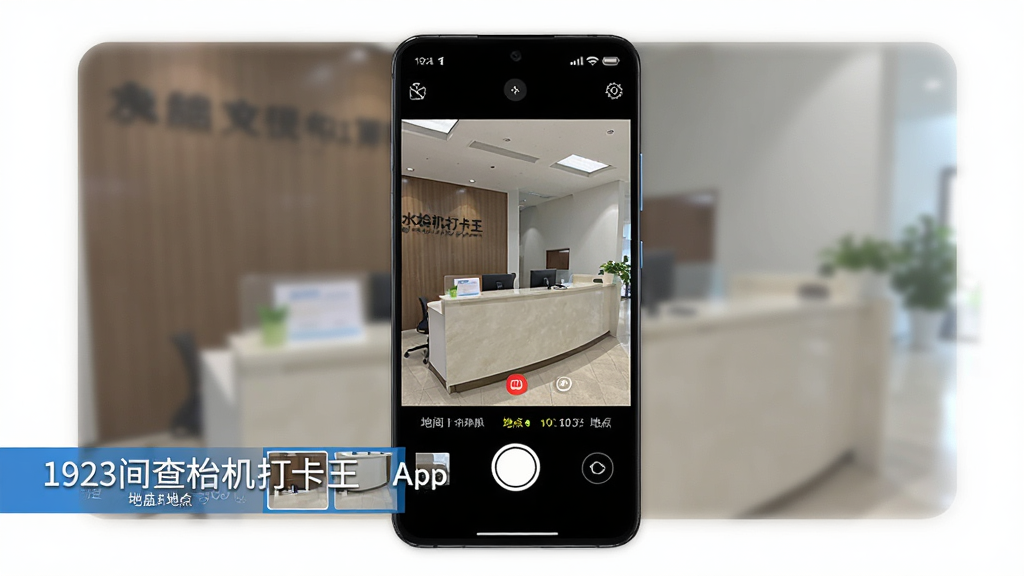 画面主体是一部竖屏安卓手机,屏幕中央显示水印相机打卡王App的拍照界面,取景框内是办公室前台场景,画面左下角叠加醒目的时间地点水印条,布局为手机居中、四周留白干净,风格为清爽写实的数码产品展示风,细节包括相机快门按钮、水印模板缩略图、顶部状态栏图标,画质高清锐利,干净无多余元素